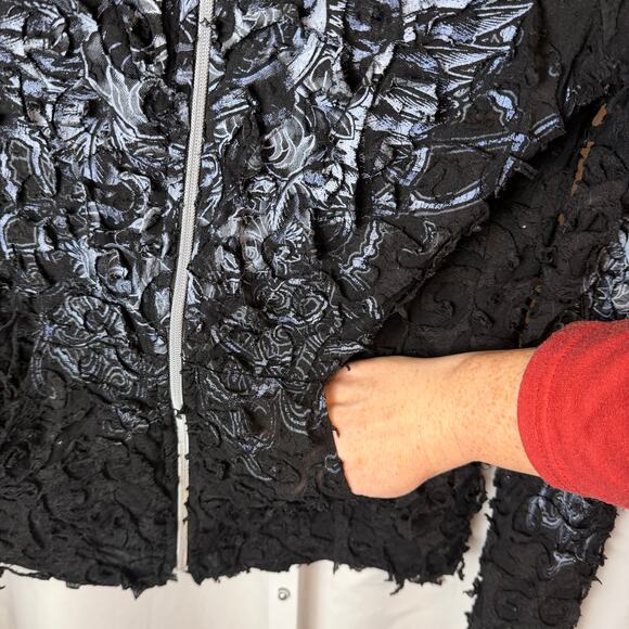 VTG Y2K In Vein Burnout Velvet Hoodie L Black Grunge Shredded Textured Indie - Picture 3 of 8